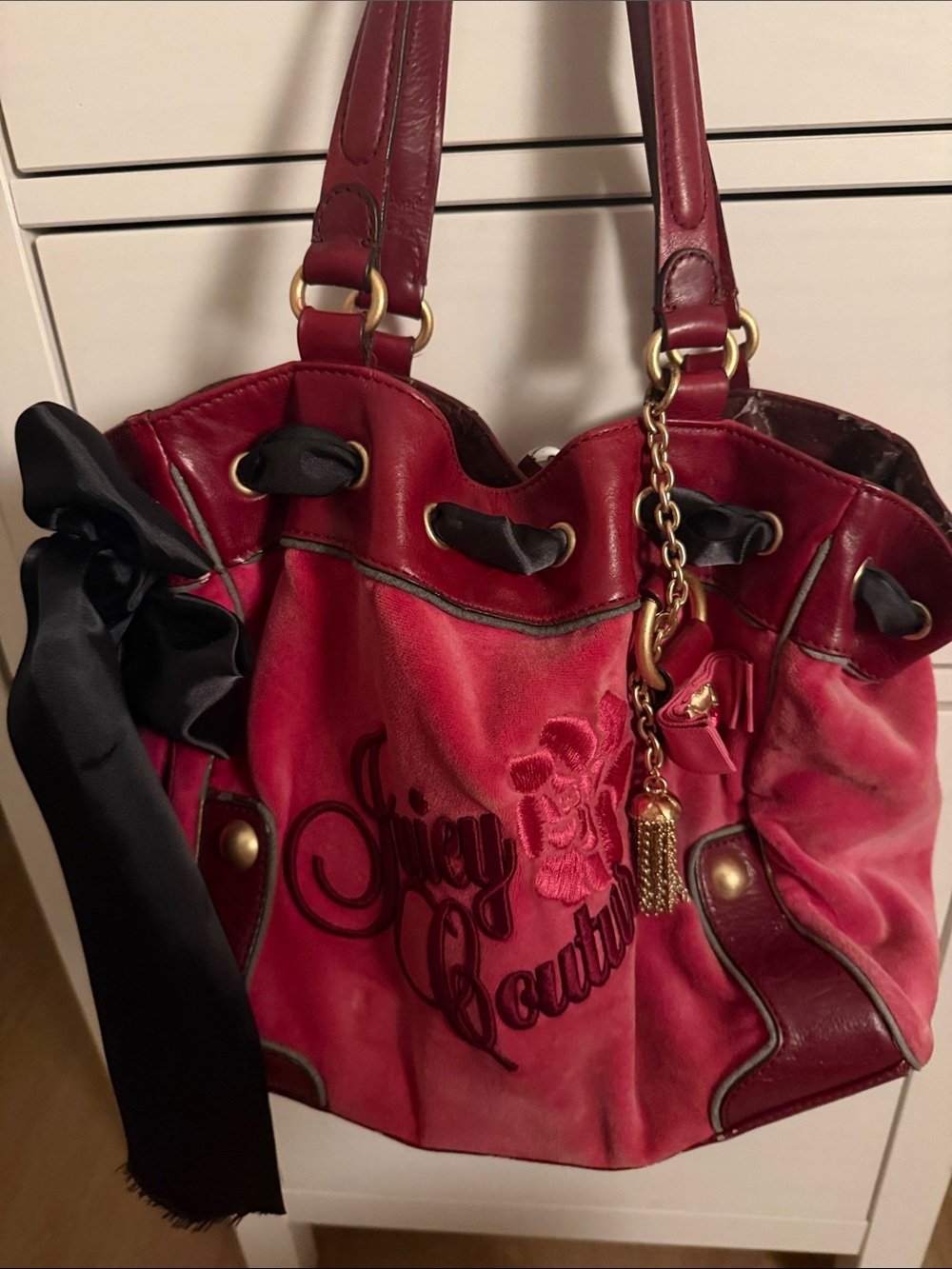 Juicy Couture Red and Black Drawstring Shoulder Tote with Gold Hardware